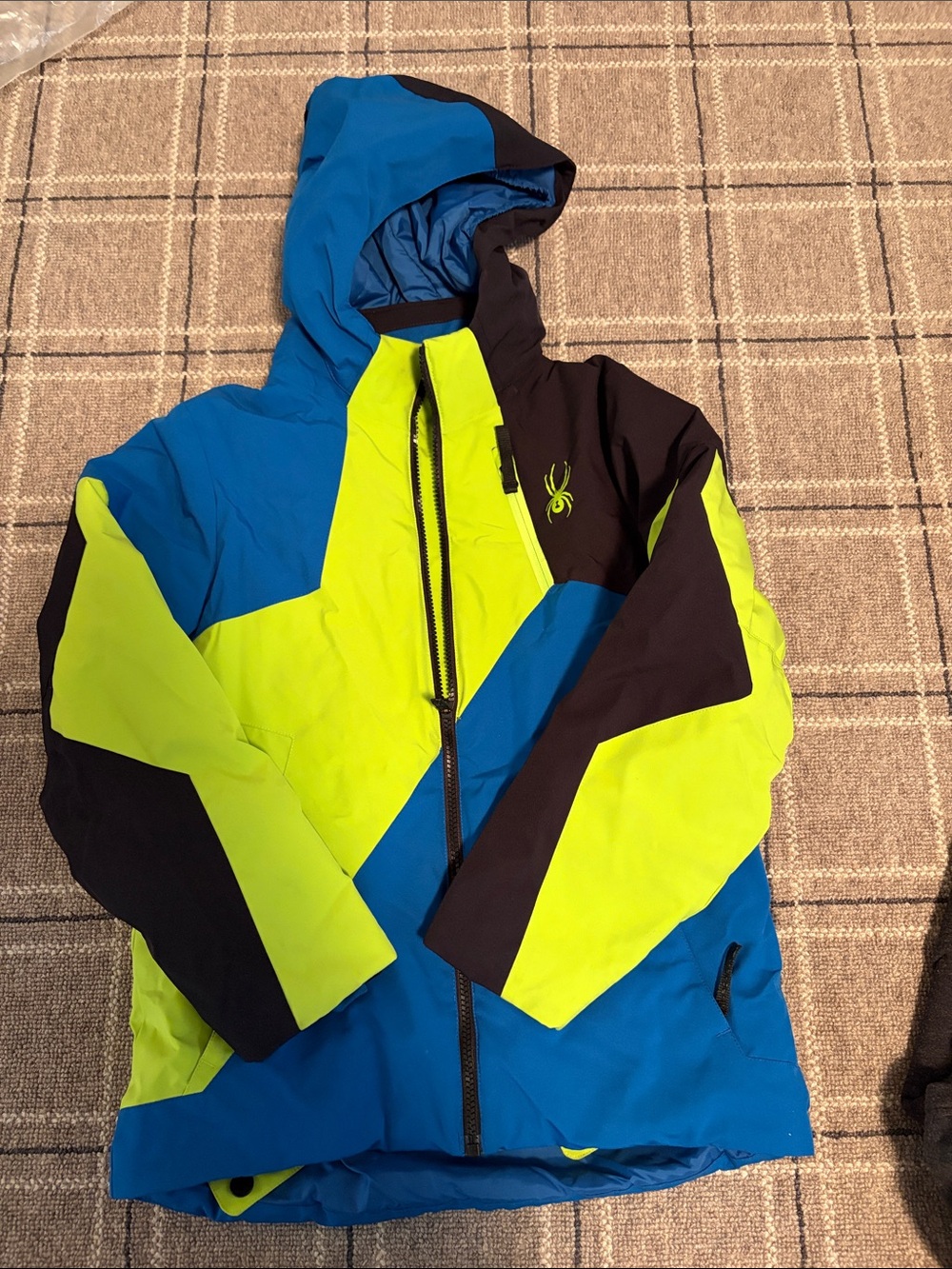 Spyder Neon Lime and Blue Colorblock Hooded Ski Jacket